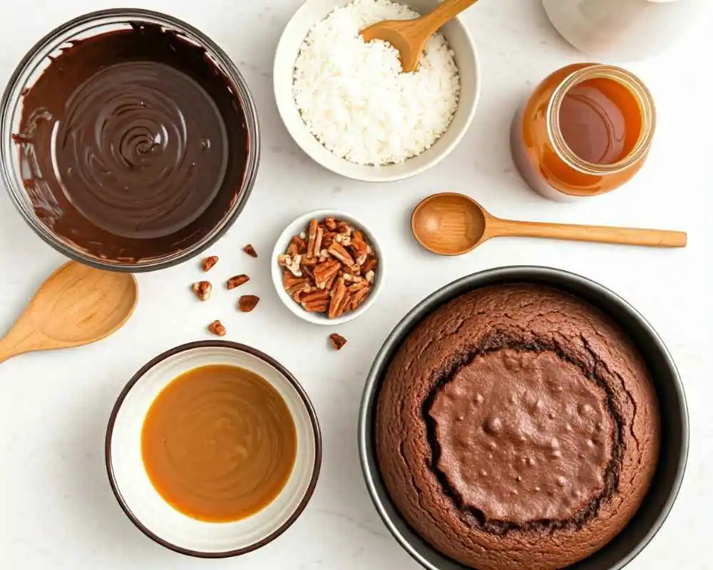 A flat lay of ingredients for German Chocolate Poke Cake, including chocolate, coconut, pecans, and caramel syrup.