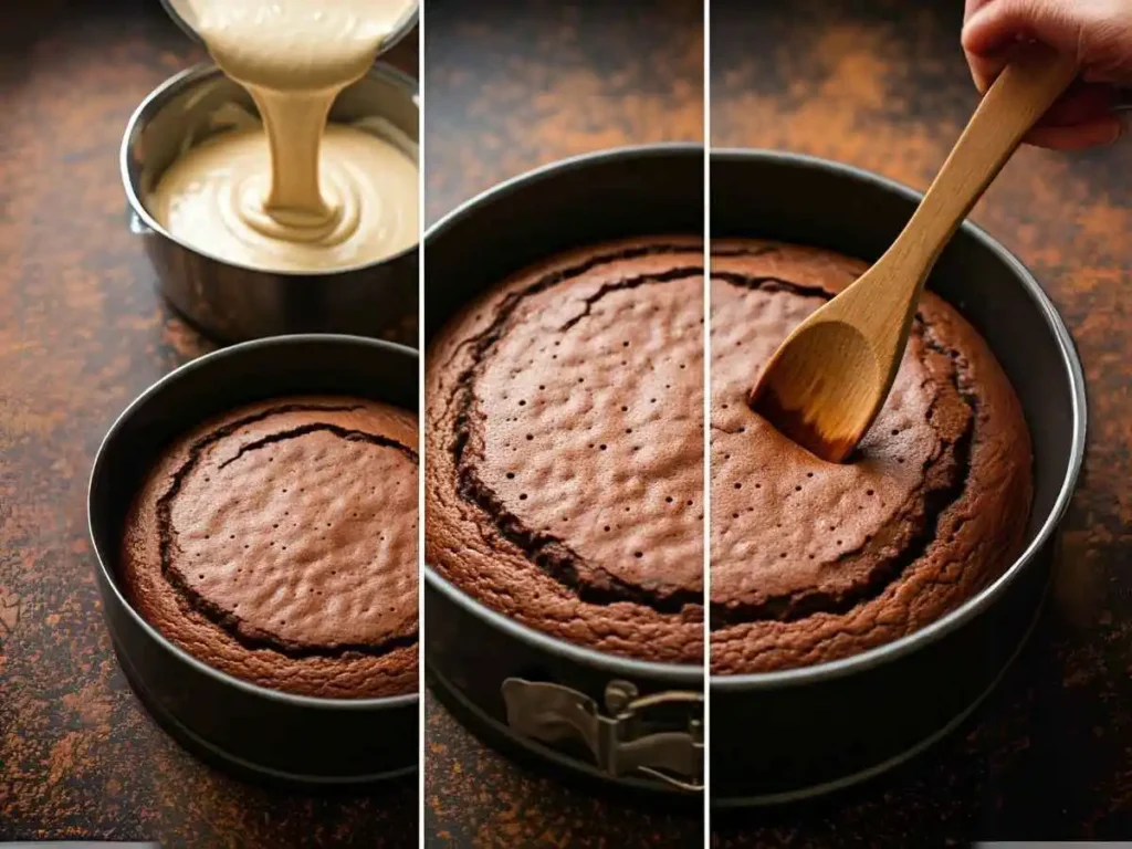 A step-by-step visual guide showing the process of preparing German Chocolate Poke Cake.