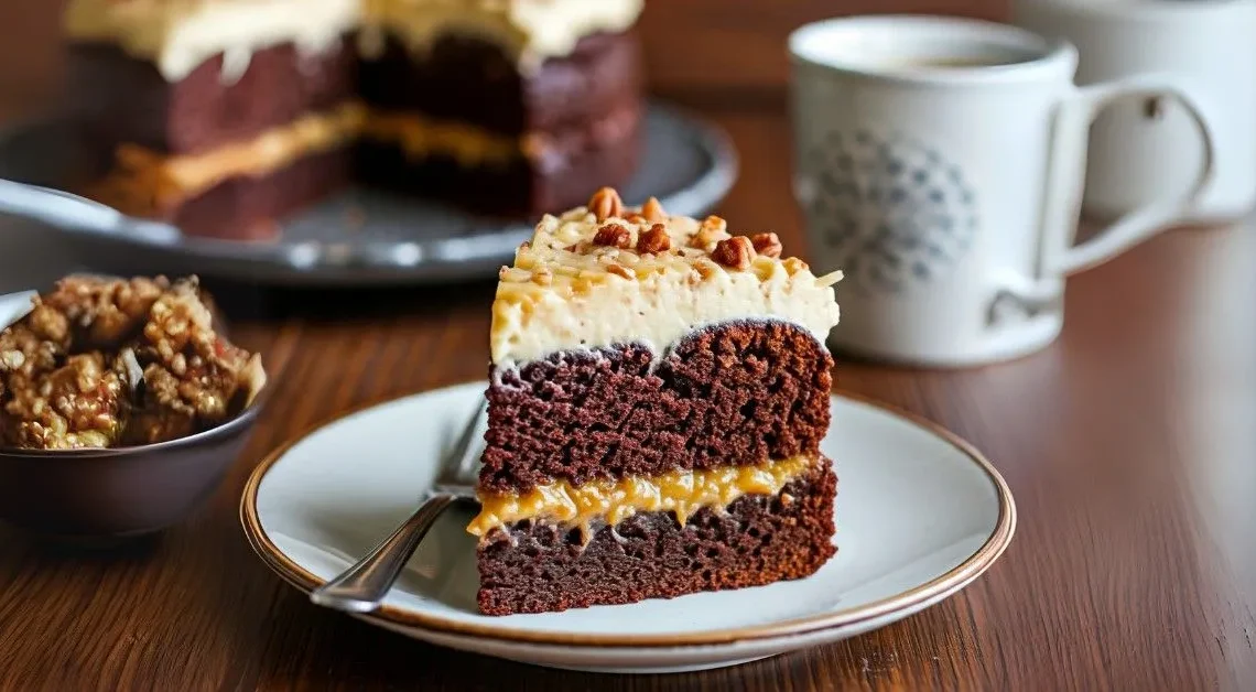 A close-up of a slice of German Chocolate Poke Cake showing moist layers, gooey filling, and coconut-pecan frosting.