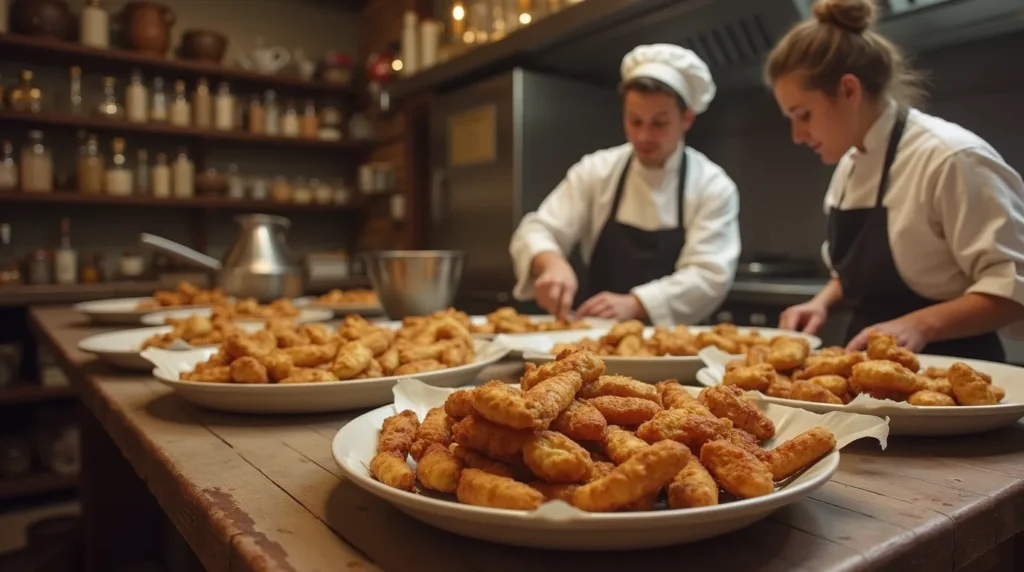 A historical scene of a traditional kitchen with chefs or bakers preparing desserts, working with creamy fillings and fried pastries in a warm and inviting environment.