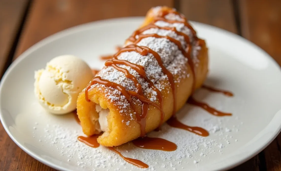 A golden-brown Xango dessert with a crispy fried exterior, drizzled with caramel sauce and dusted with powdered sugar, served alongside a scoop of vanilla ice cream on a white plate against a rustic wooden table backdrop.